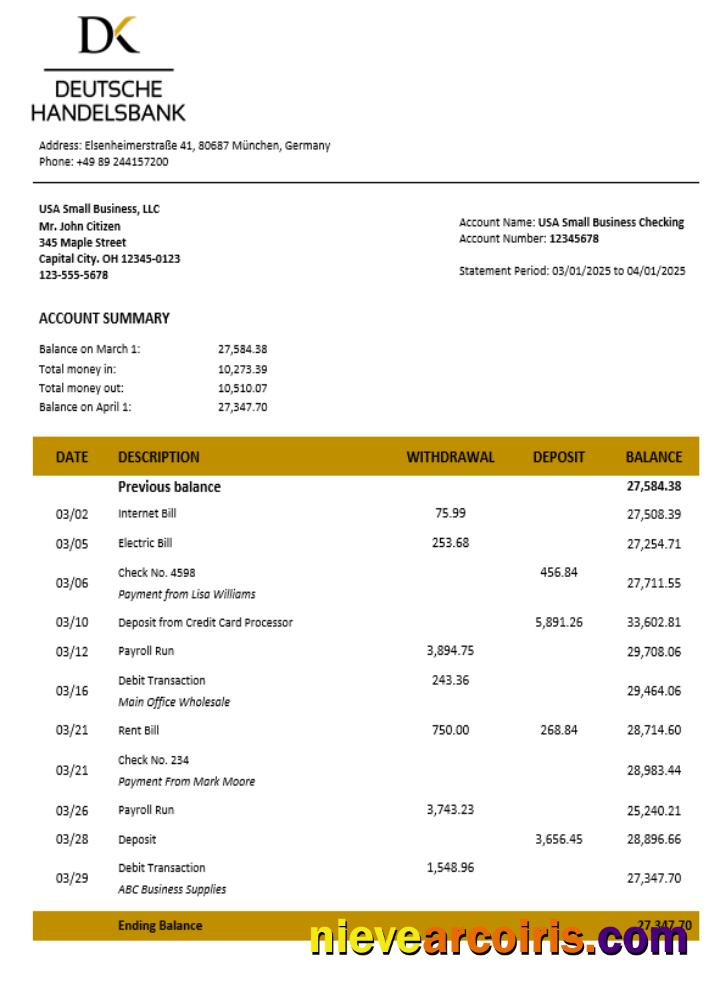 Deutsche Handelsbank firm account statement Word  and PDF format
